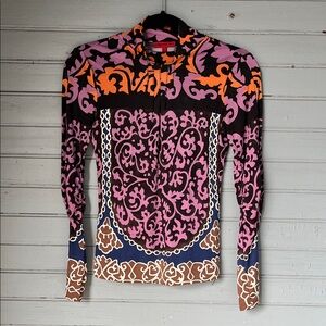 Vivienne Tam Silk Pink Orange & Brown Baroque Psychedelic High Neck Top
